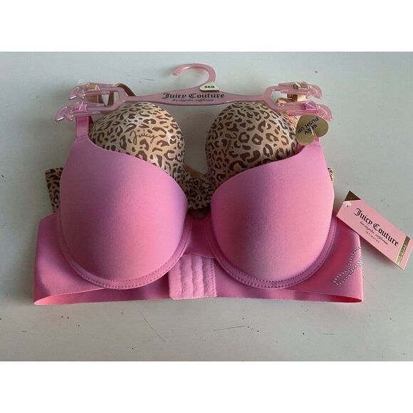 2 Pk Juicy Couture Bra Sz 36B SEXY Push Up JC5301 Animal Print Cheetah Pink NEW - Picture 1 of 11